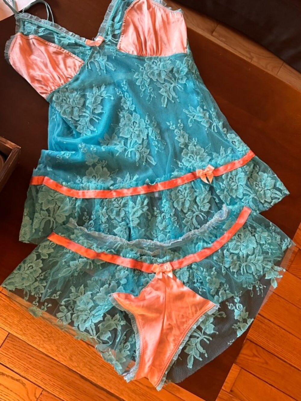Vintage Claire Pettibone Babydoll Set, Teal Blue & Coral, Lace Silk Mesh